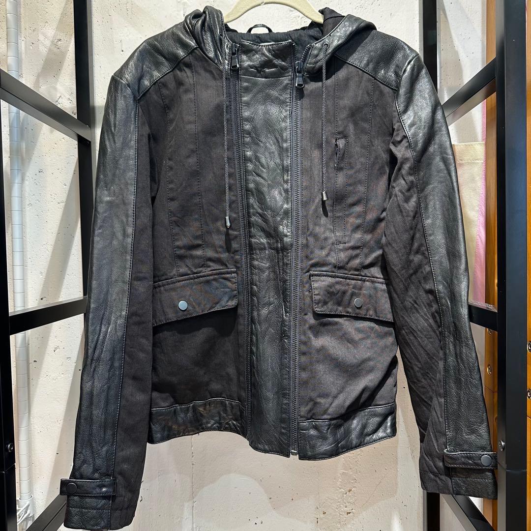 ＊7 for all mankind レザー フーディ S ブラック