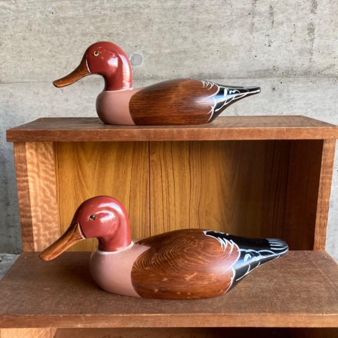 鴨 鳥 置物 オブジェ デコイ 大型 木製 ウッド 2点 レトロ ヴィンテージ