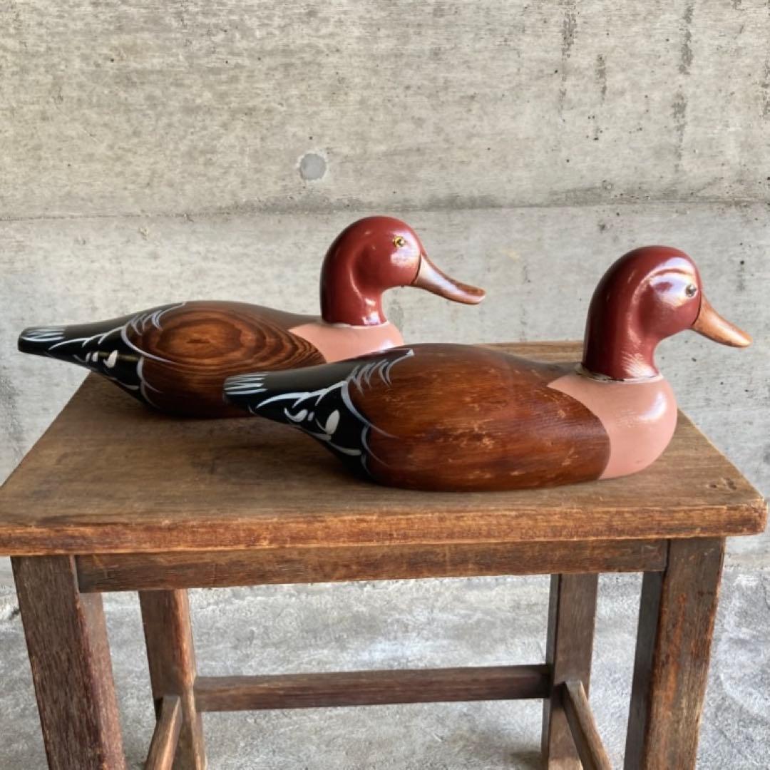 鴨 鳥 置物 オブジェ デコイ 大型 木製 ウッド 2点 レトロ ヴィンテージ
