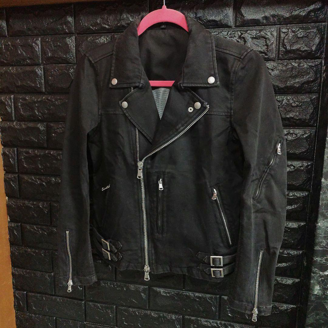 ノーアイディー　黒　ダブルライダースジャケット USED加工　デニム風仕上げ