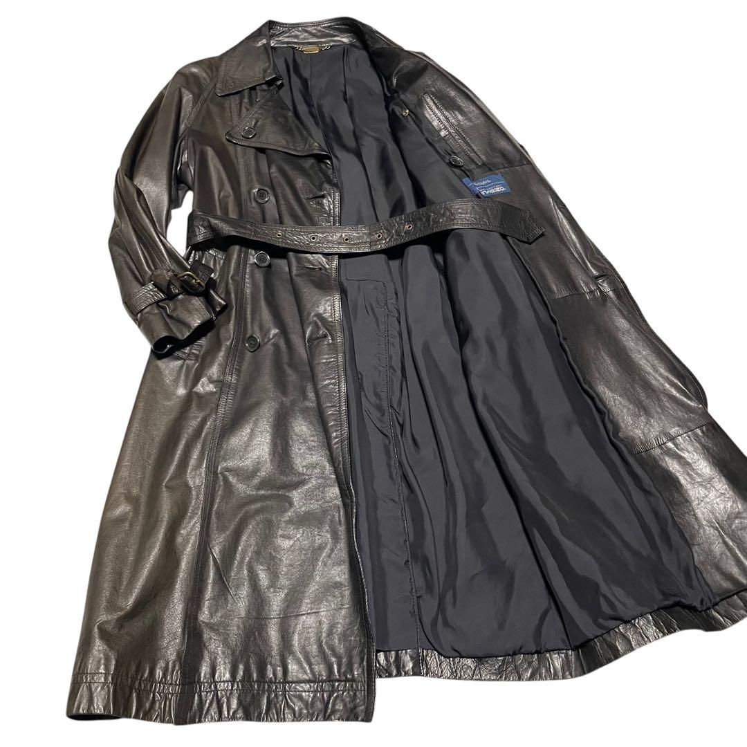 【INTERMEZZO】ダーバン カウレザーマキシ丈ダブルチェスターコート 黒M