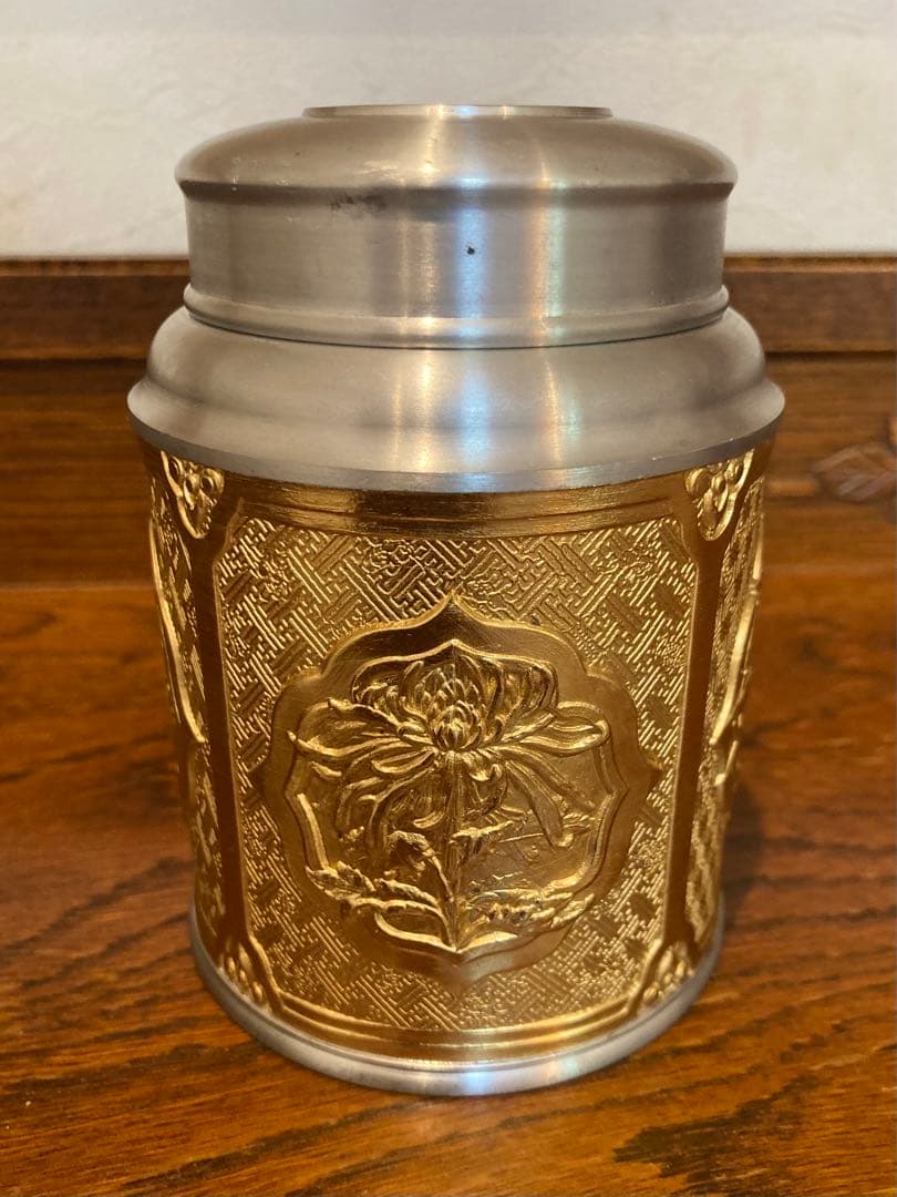 TUMASEK PEWTER ツマセク ピューター 錫製 茶筒 茶道具 草花紋