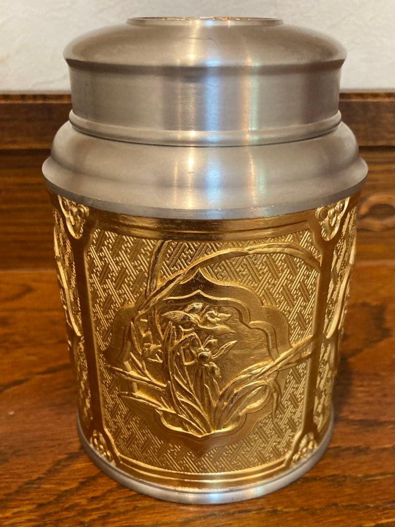 TUMASEK PEWTER ツマセク ピューター 錫製 茶筒 茶道具 草花紋