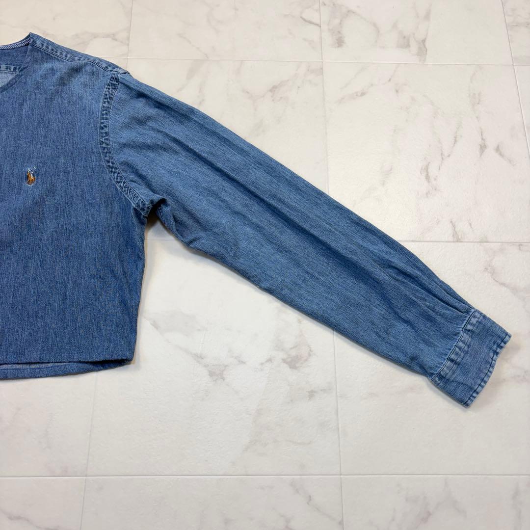 カスタム品！ラルフローレン　デニムシャツ　ノーカラー　XL 青クロップド ポニー