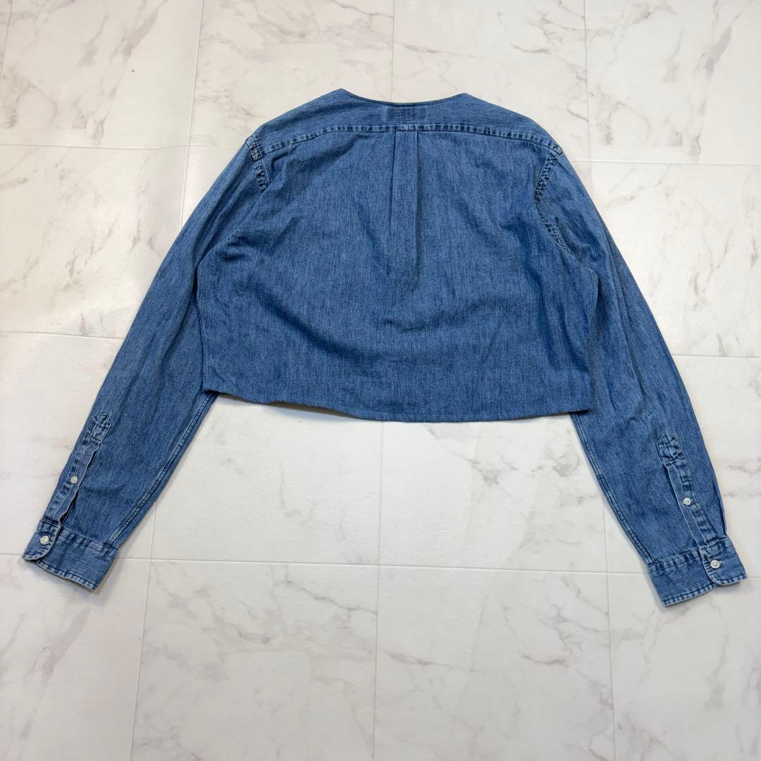 カスタム品！ラルフローレン　デニムシャツ　ノーカラー　XL 青クロップド ポニー