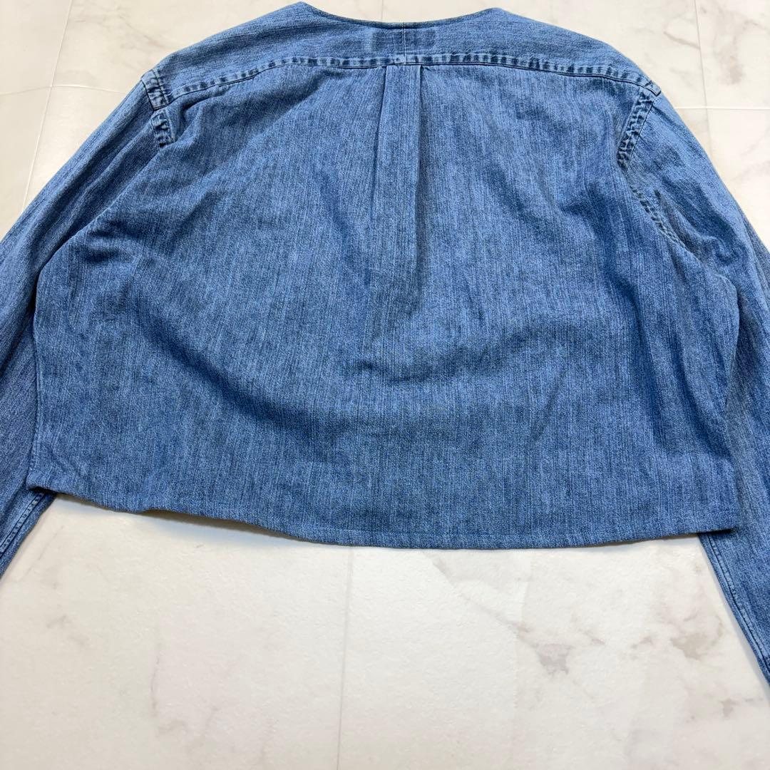 カスタム品！ラルフローレン　デニムシャツ　ノーカラー　XL 青クロップド ポニー