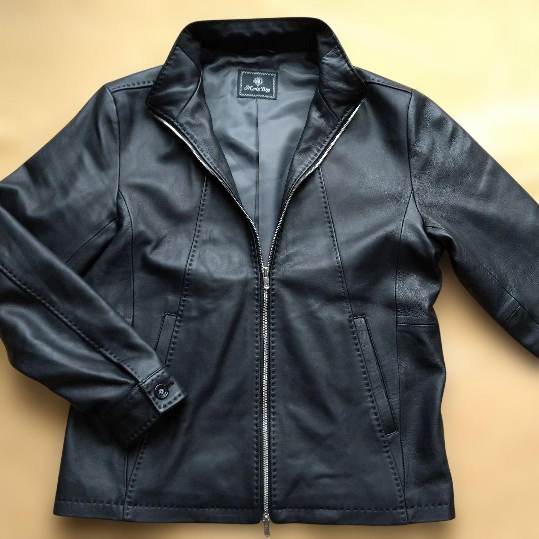 メンズビギ ブラック ラムレザーシングルライダースジャケット L