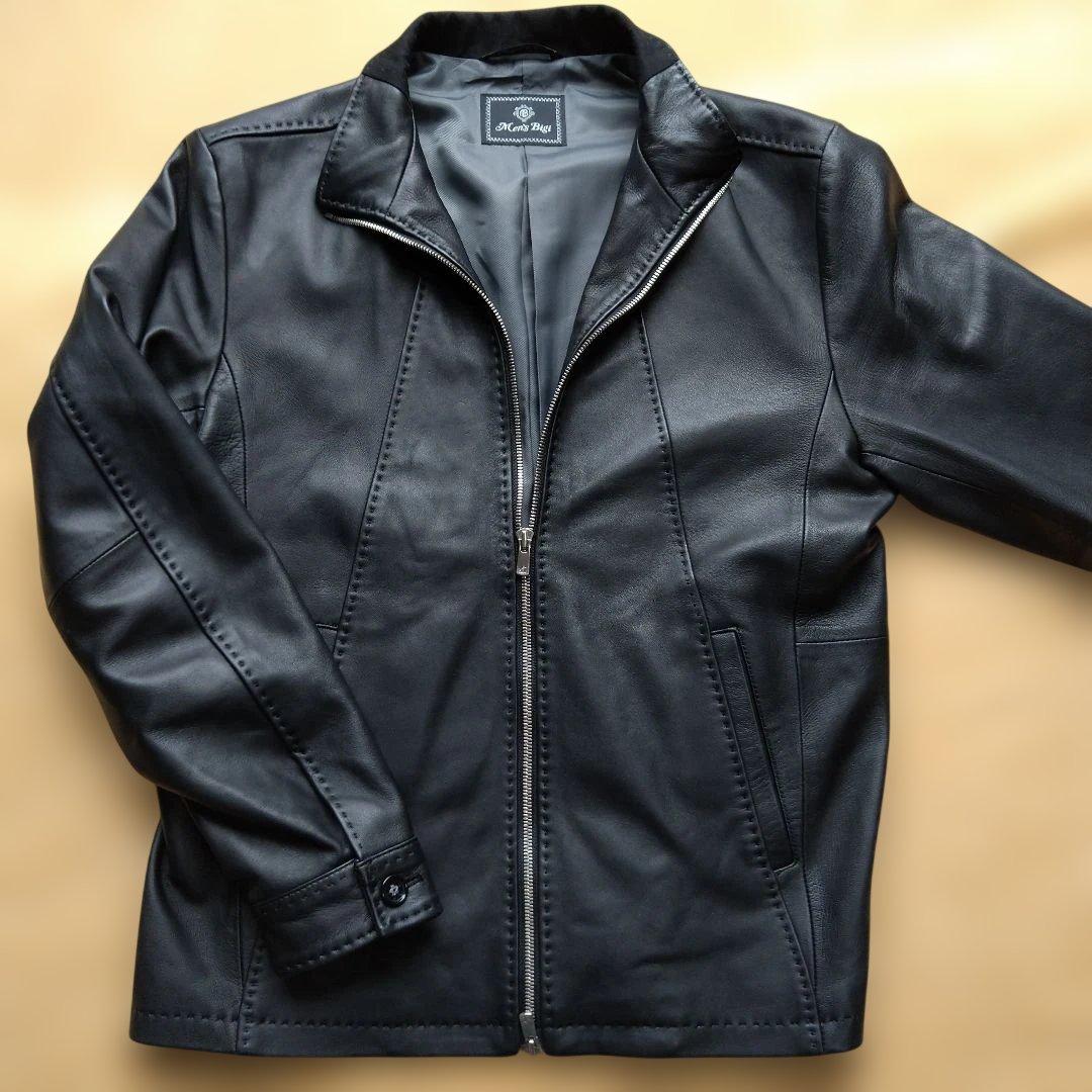 メンズビギ ブラック ラムレザーシングルライダースジャケット L