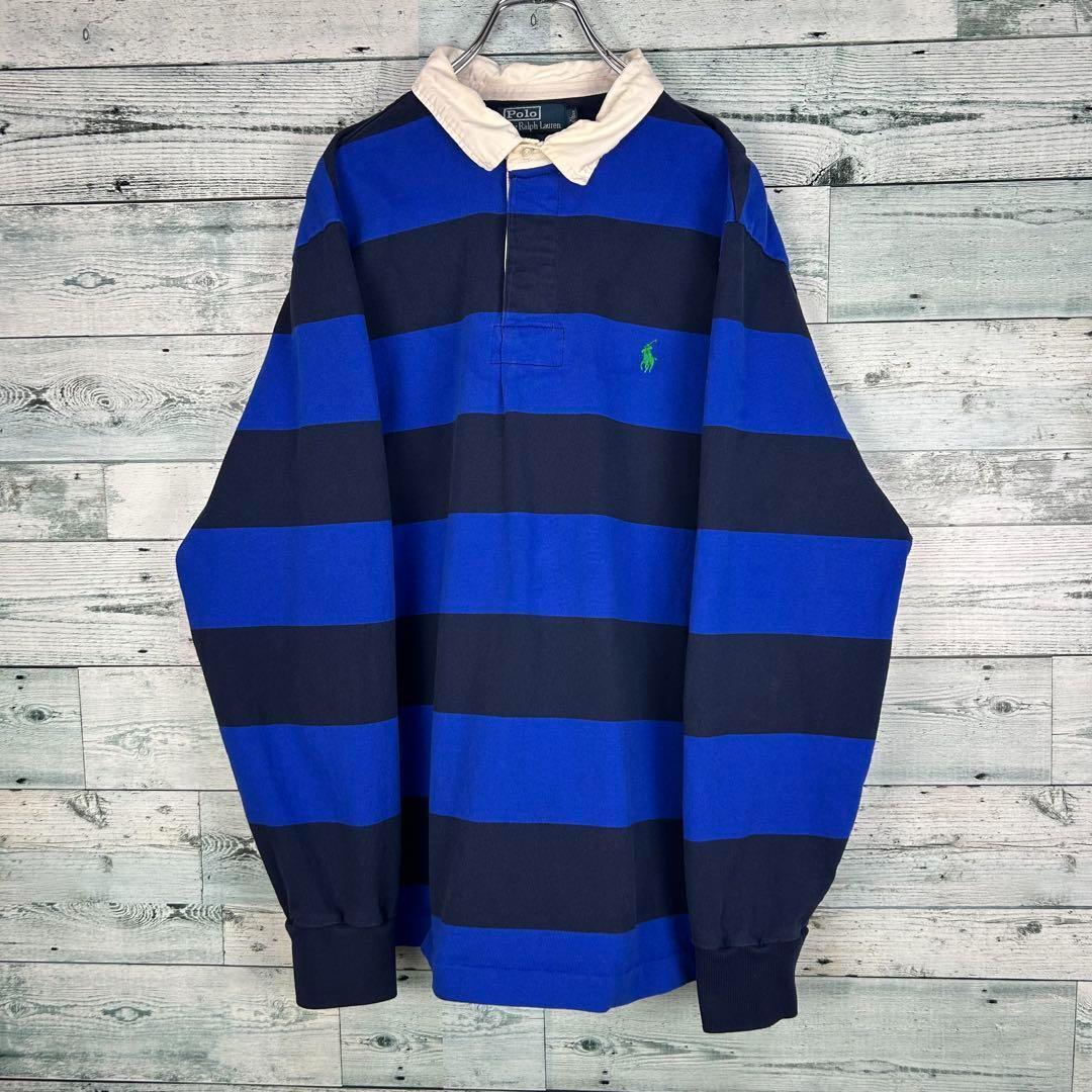 ラルフローレン 刺繍ロゴ 太ボーダー ラガーシャツ 青紺 XL 5316