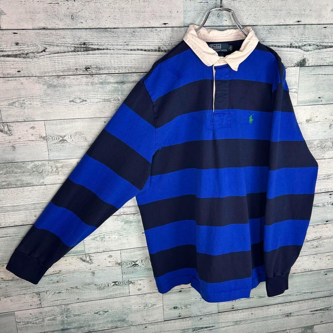 ラルフローレン 刺繍ロゴ 太ボーダー ラガーシャツ 青紺 XL 5316