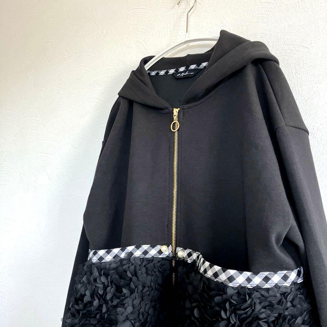 美品　make-ai フラワーチュールパーカー　チェック　ペプラム　フリル