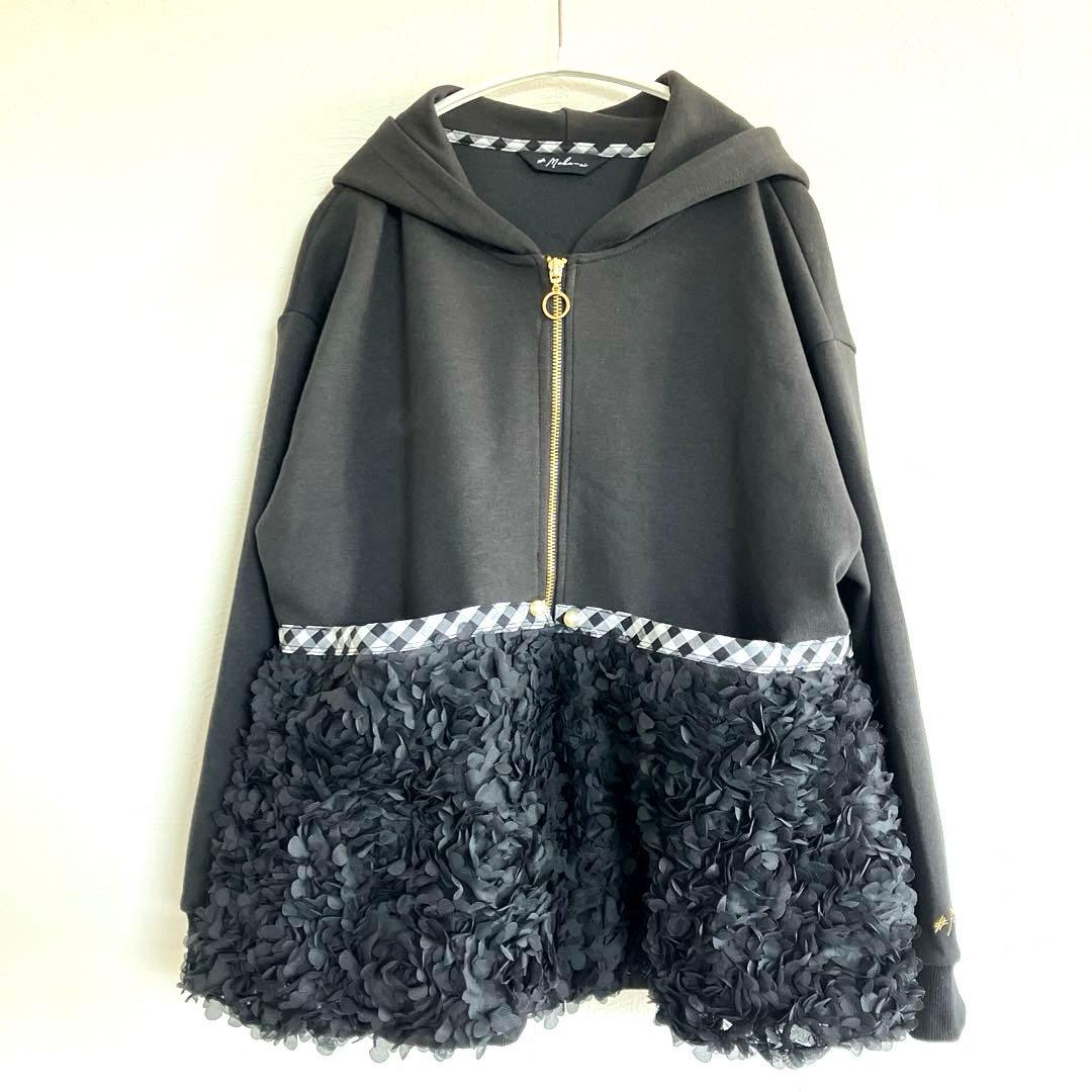 美品　make-ai フラワーチュールパーカー　チェック　ペプラム　フリル