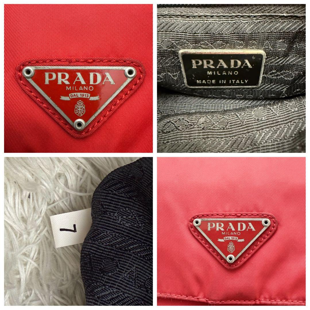 PRADAプラダ 三角ロゴ ナイロン 赤 ショルダーバッグ フラップ 白タグ
