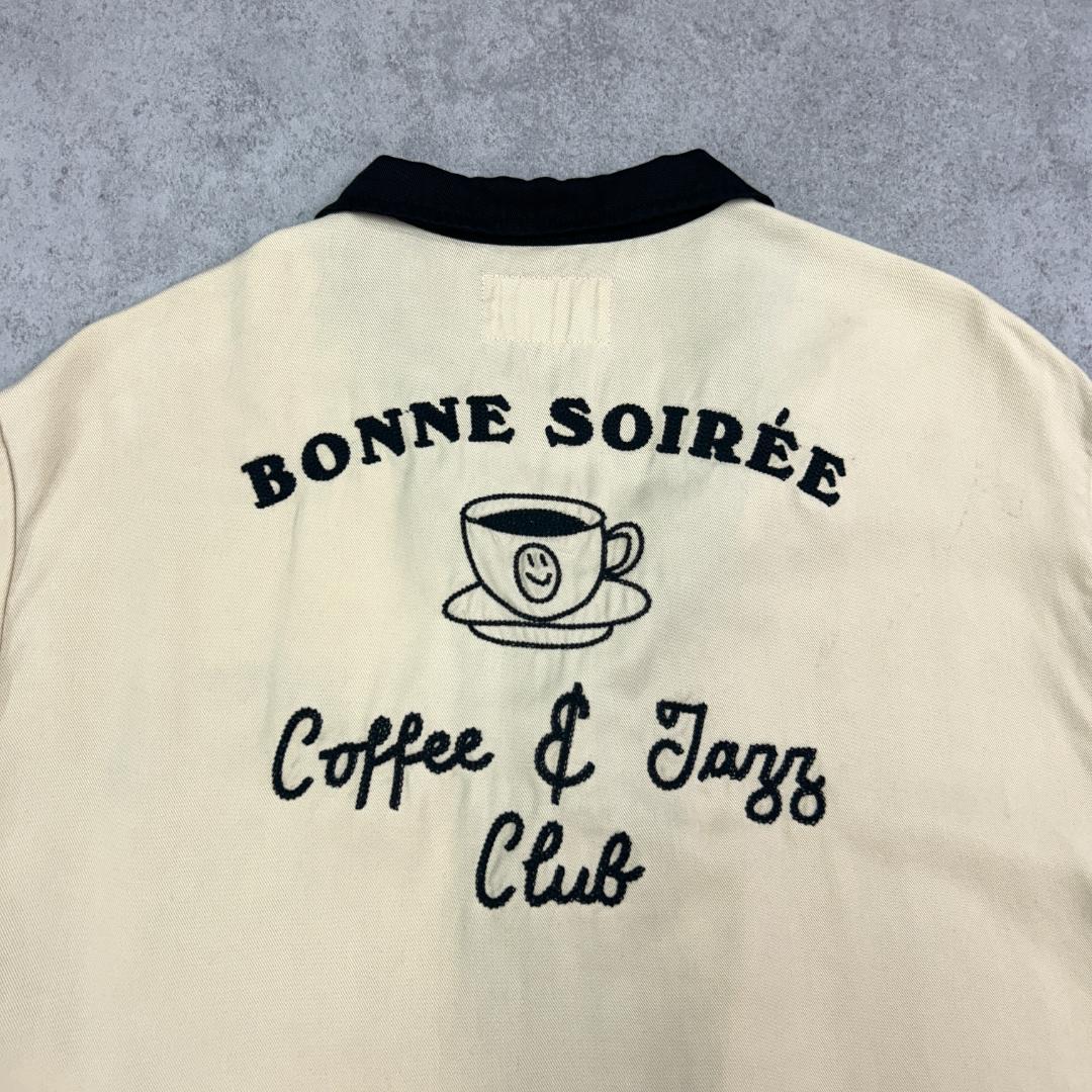 オープンカラー　ボーリングシャツ　半袖シャツ　古着　クリーム色　ブラック　黒　M