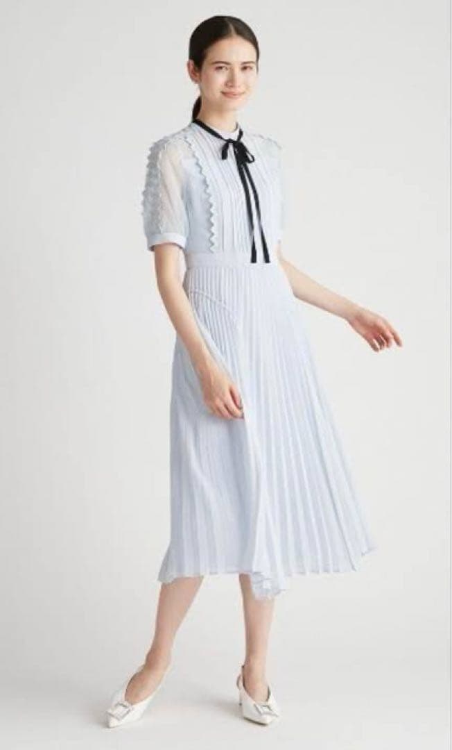 未使用タグ付き　セルフォード シフォンレース プリーツロングワンピース
