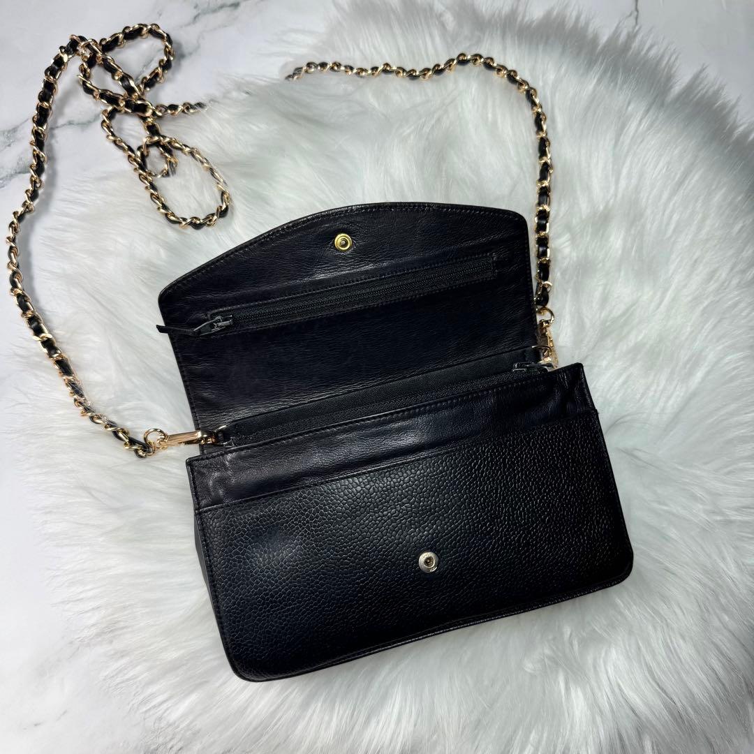 CHANEL シャネル　キャビアスキン　レザー　ブラック　チェーンウォレット