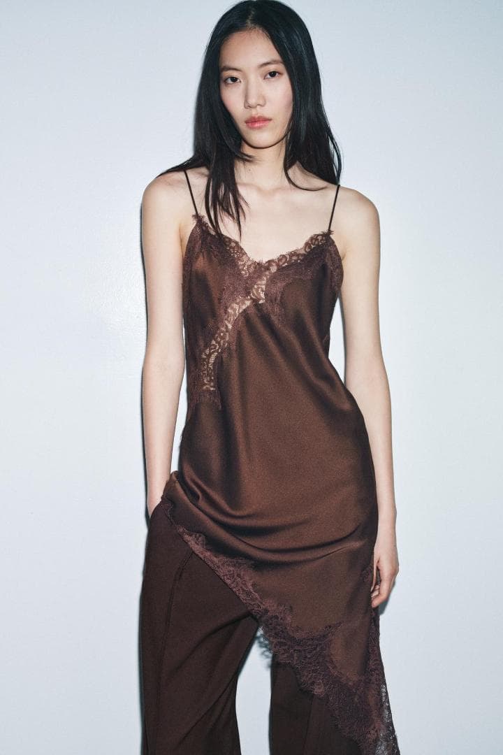 新品! ZARA アシンメトリーレースワンピース ブラウン S