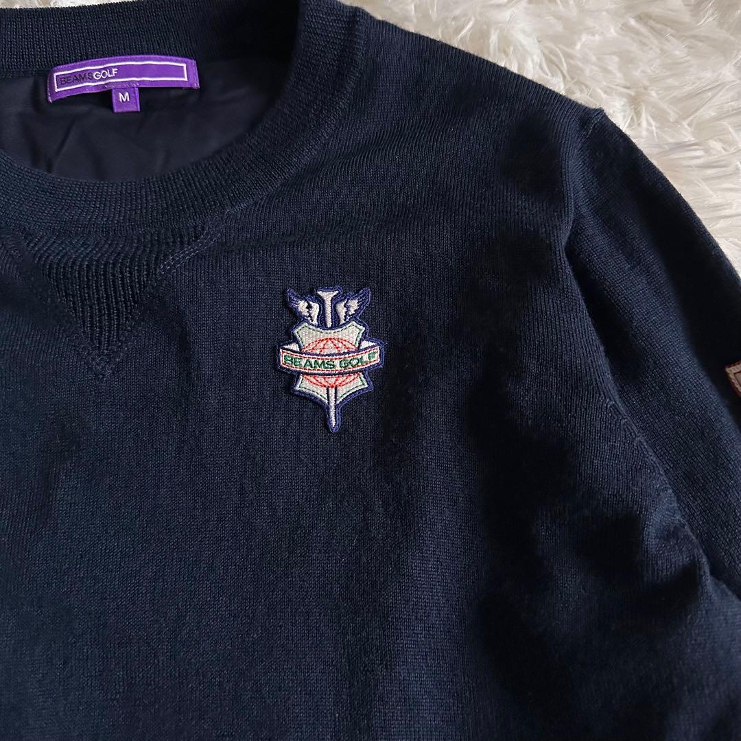 BEAMS GOLF 防風ニットブルゾン M ウール100% 暖かい ネイビー