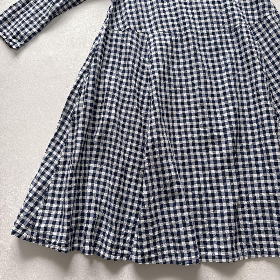 【人気】45R クシュクシュギンガムチェックのドレス リネン ロング ネイビー