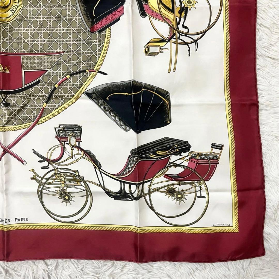 【美品】HERMES エルメス　スカーフ　カレ　馬車　えんじ　ボルドー
