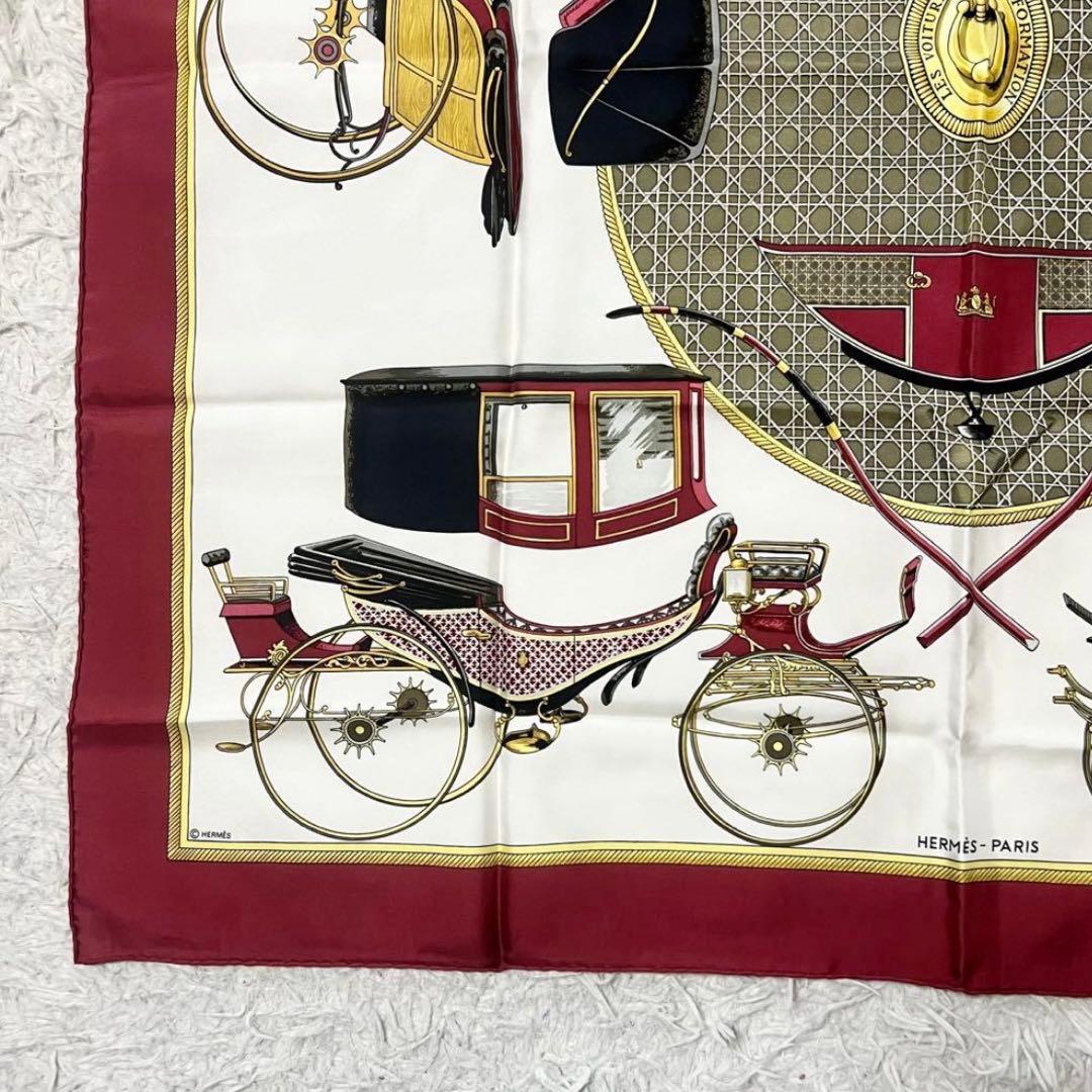 【美品】HERMES エルメス　スカーフ　カレ　馬車　えんじ　ボルドー