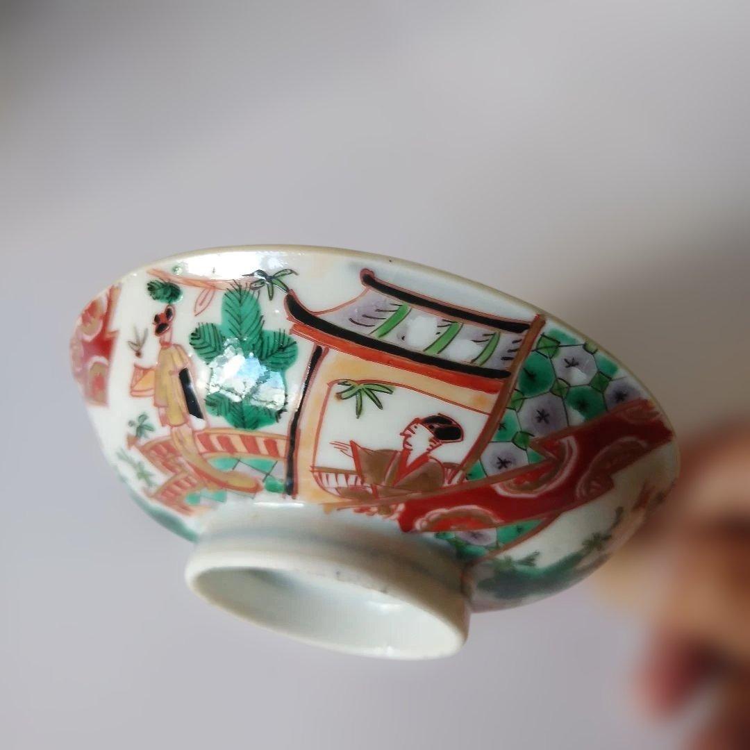 白樺様　ご予約済み　二客まとめて　古伊万里　色絵　染錦　着物美人文蓋付茶碗
