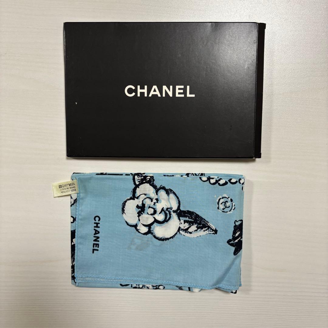 【美品・箱付き】CHANEL スカーフ ハンカチ 花柄 カメリア ブルー