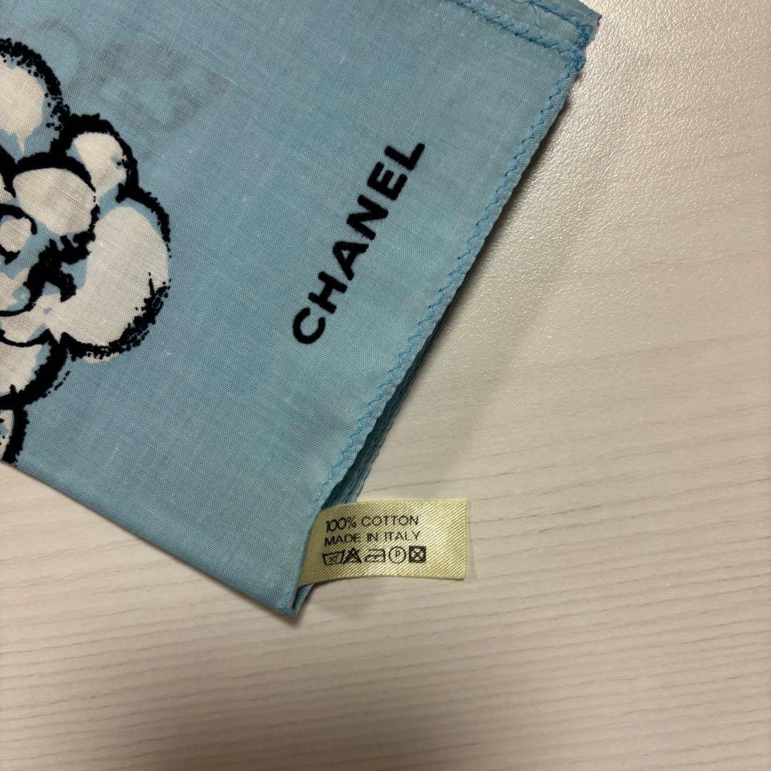 【美品・箱付き】CHANEL スカーフ ハンカチ 花柄 カメリア ブルー