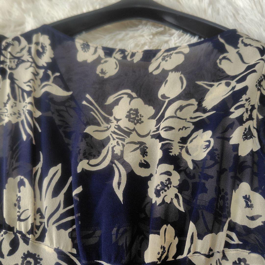 【極美品♡シルク100%】ラルフローレン　フローラルシフォンワンピース　紺　9