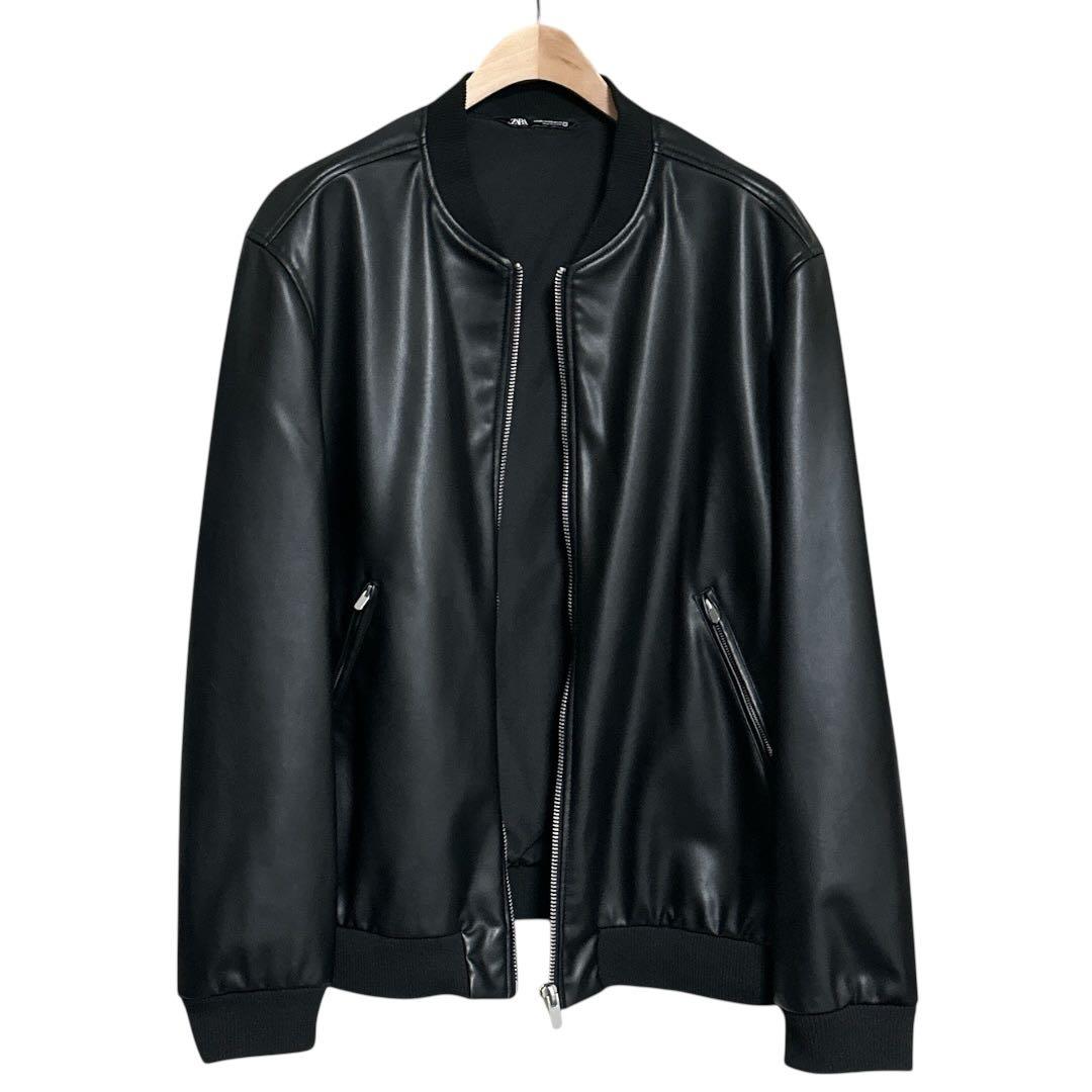 【特割】ZARA黒フェイクレザーボンバージャケットメンズXXL☆定価9900円