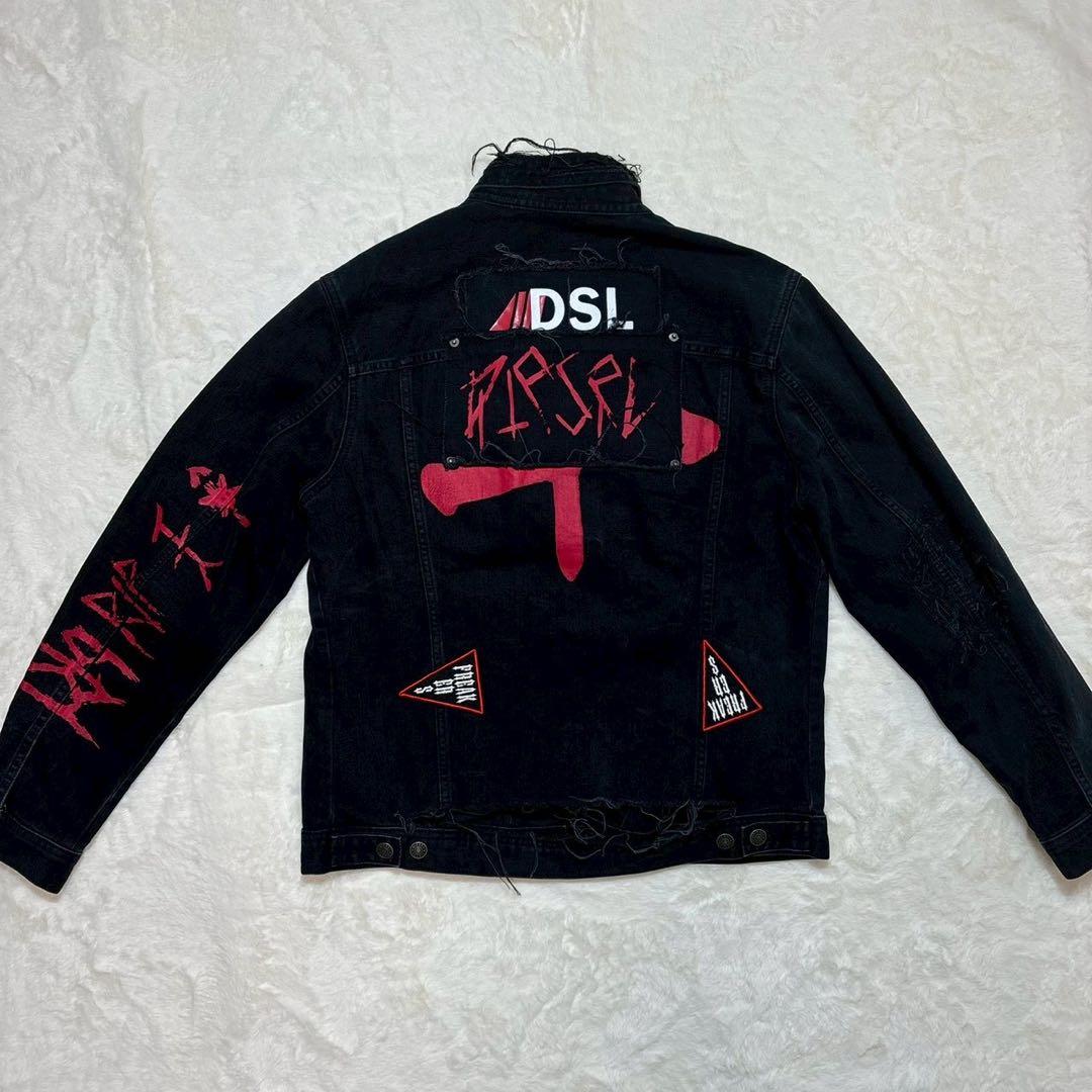 DIESEL ブラックデニムジャケット　ダメージ　ワッペン　黒　 M