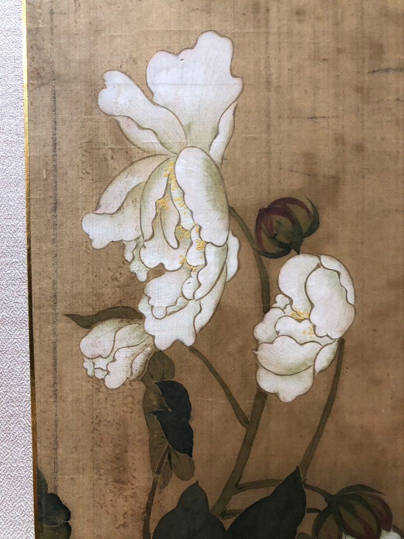 二曲屏風 肉筆　書画［沈栄 牡丹］清代書画家 苏州の人（1794 －1856)!