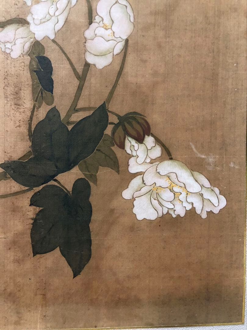 二曲屏風 肉筆　書画［沈栄 牡丹］清代書画家 苏州の人（1794 －1856)!