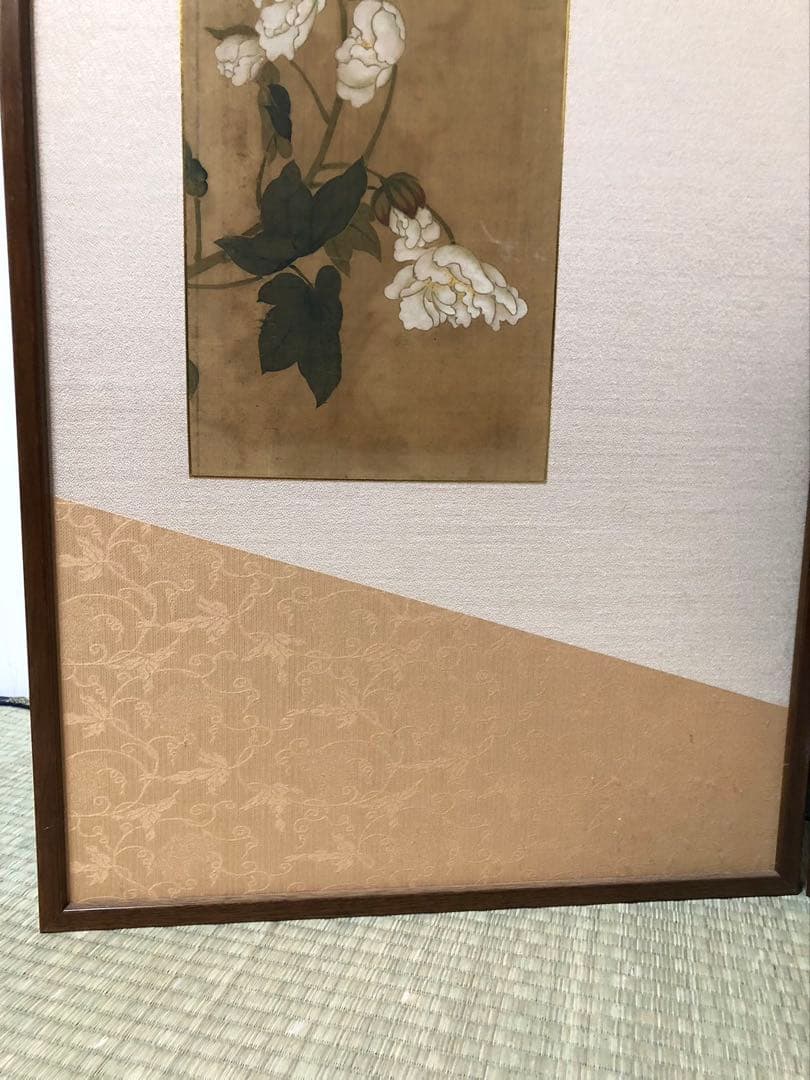 二曲屏風 肉筆　書画［沈栄 牡丹］清代書画家 苏州の人（1794 －1856)!