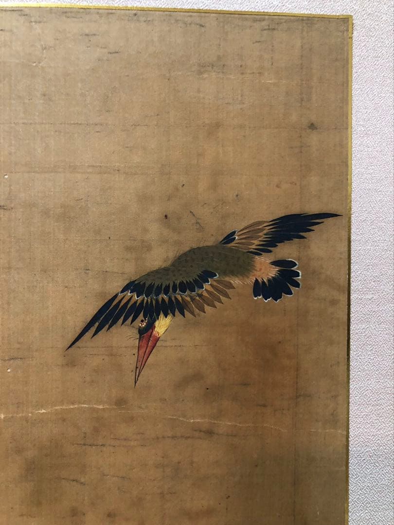 二曲屏風 肉筆　書画［沈栄 牡丹］清代書画家 苏州の人（1794 －1856)!