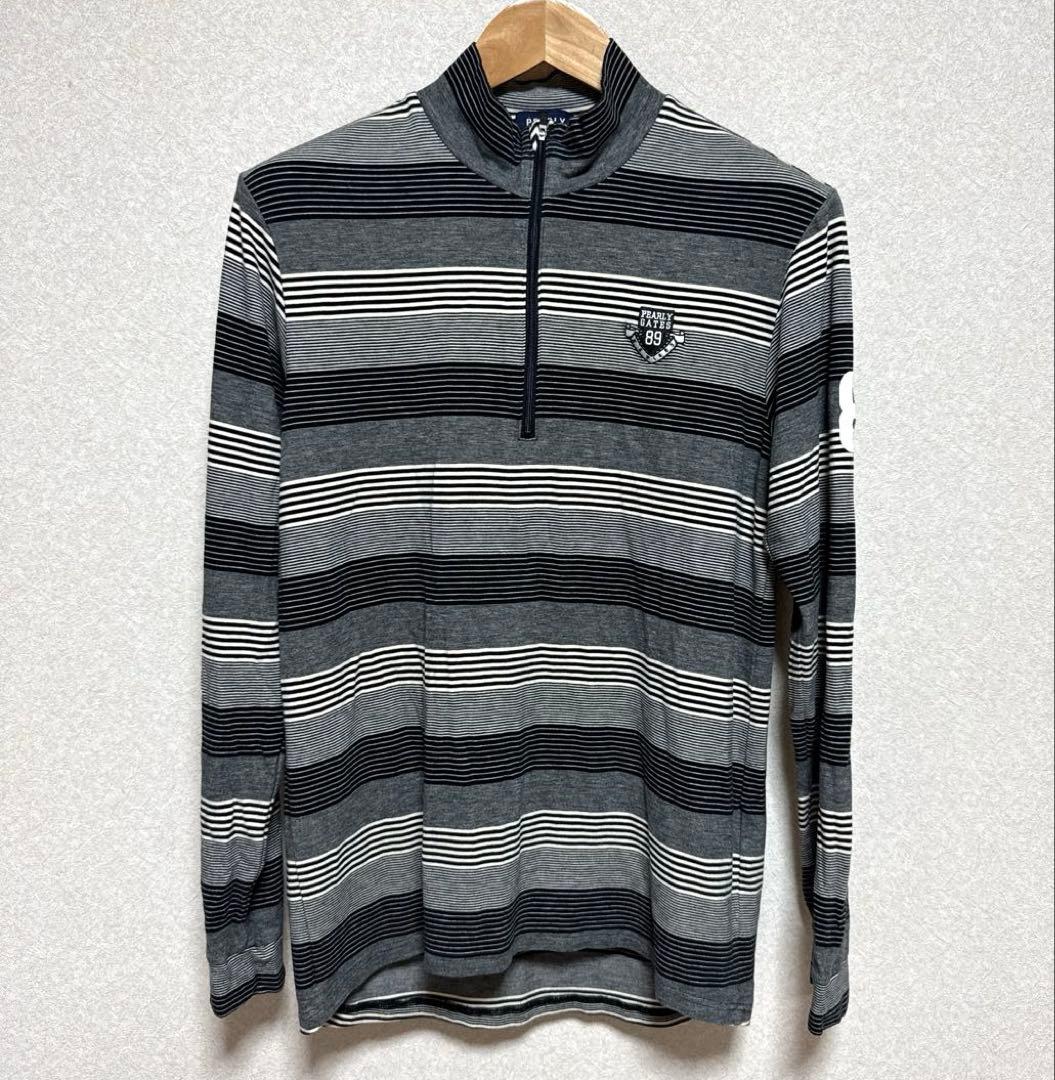 パーリーゲイツ・ボーダー柄　ハイネック　ハーフジップ　長袖カットソー　XL