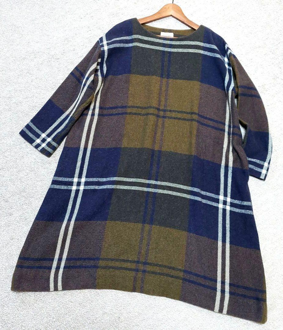 45R　ウール混チェック長袖ワンピース　M　美品✨
