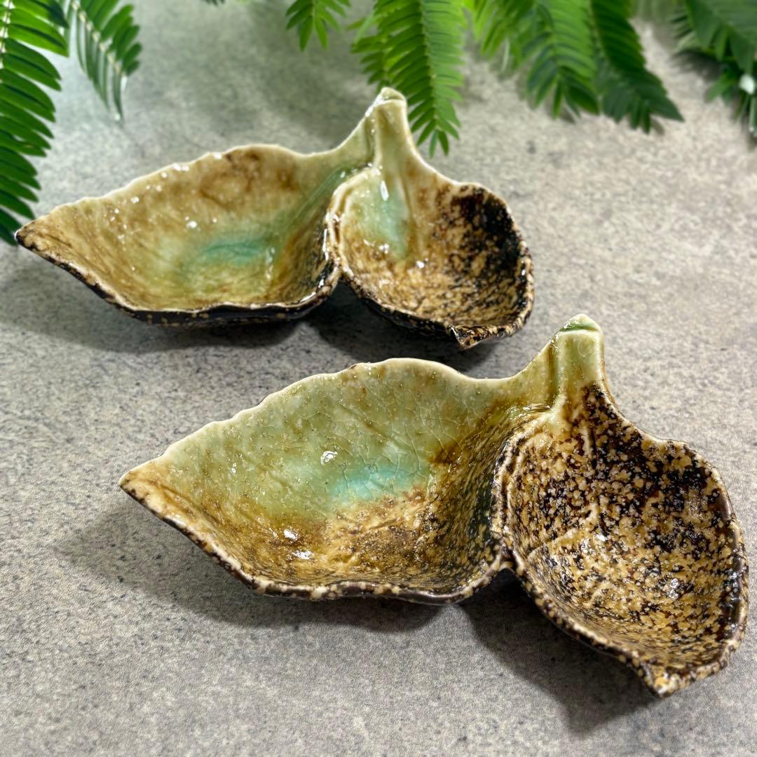 美濃焼　葉っぱの小鉢　4個セット　二口小鉢　薬味皿　小皿　食器　作家　茶緑　3a