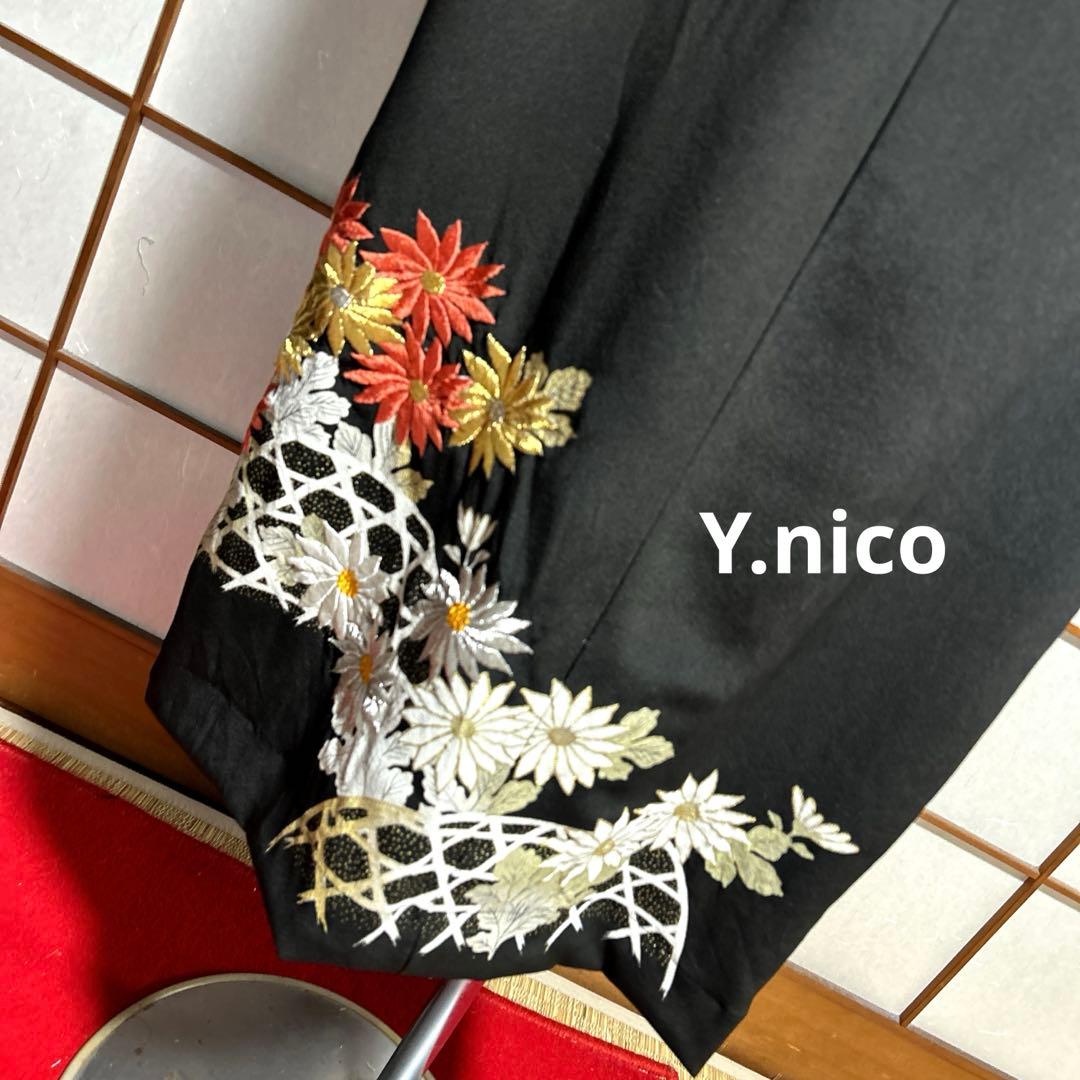LL 着物リメイク 正絹 セミアンティーク刺繍黒留袖 シンプルゆったりワンピース