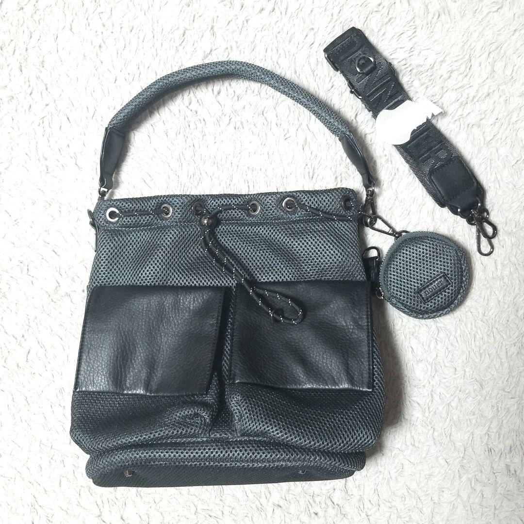 nouer レザーライクポケット巾着メッシュバッグ　チャコールグレー