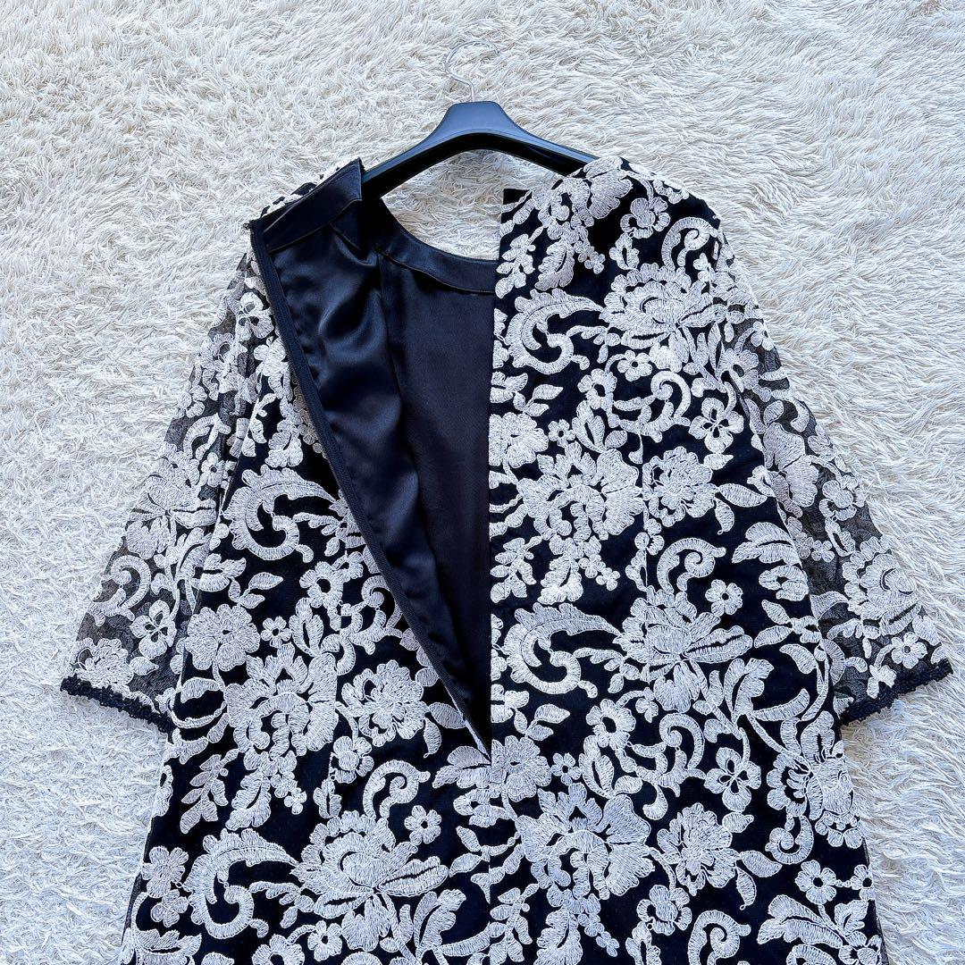 クリ済✨美品✨レリアン 花柄ワンピース 大きいサイズ17+ 刺繍 レース 白×黒