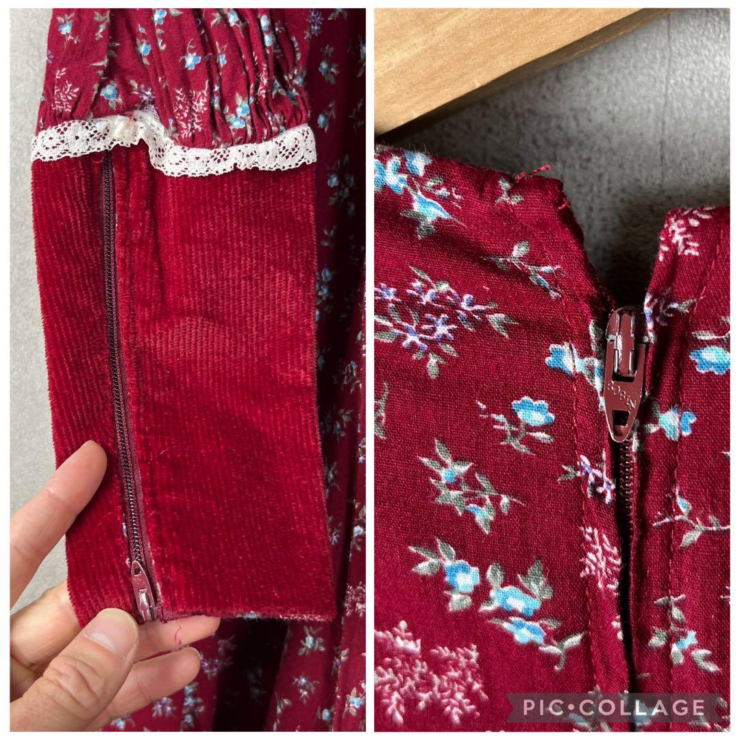 70s 80s USA古着 ワンピース コーデュロイ切替 花柄 vintage