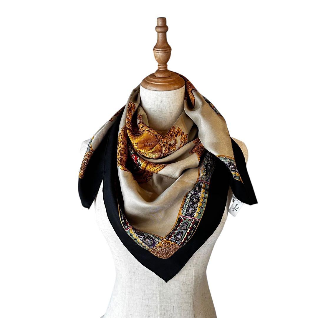 【希少/美品】Christian Dior スカーフ シルク 額縁柄 金