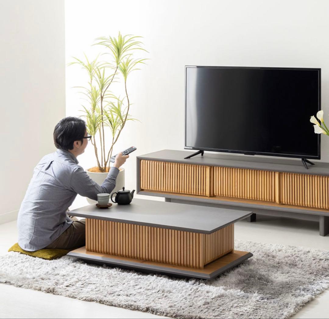ナチュラル　木　和モダン　無垢材　グレー　机　ローテーブル　サイド収納あり