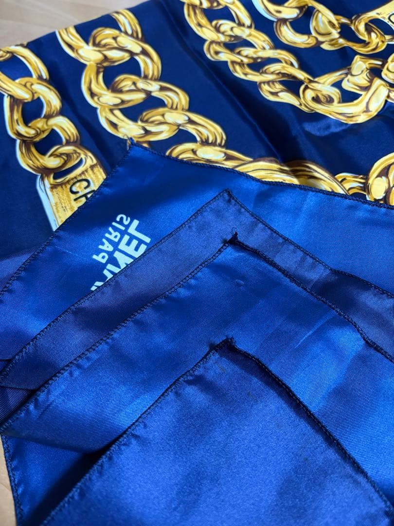 CHANEL チェーン柄 スカーフ ネイビー