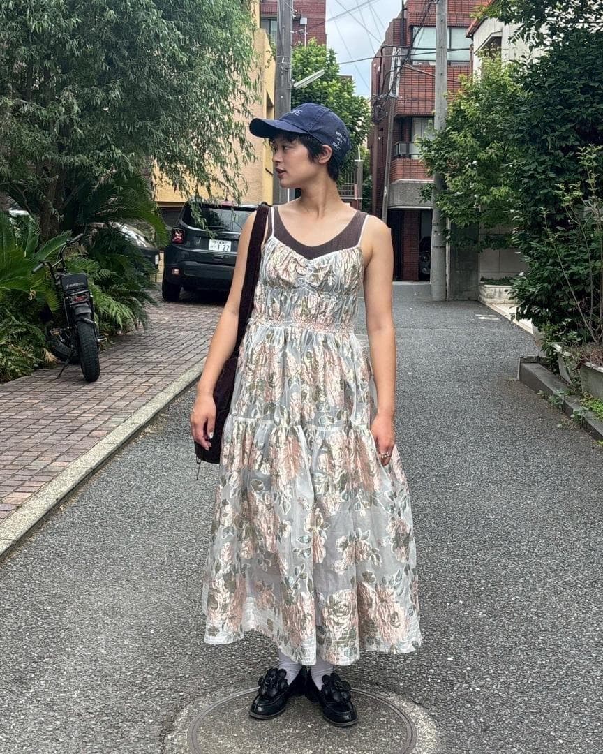 2 即納 POPPY Pink gold jacquard cami dress
