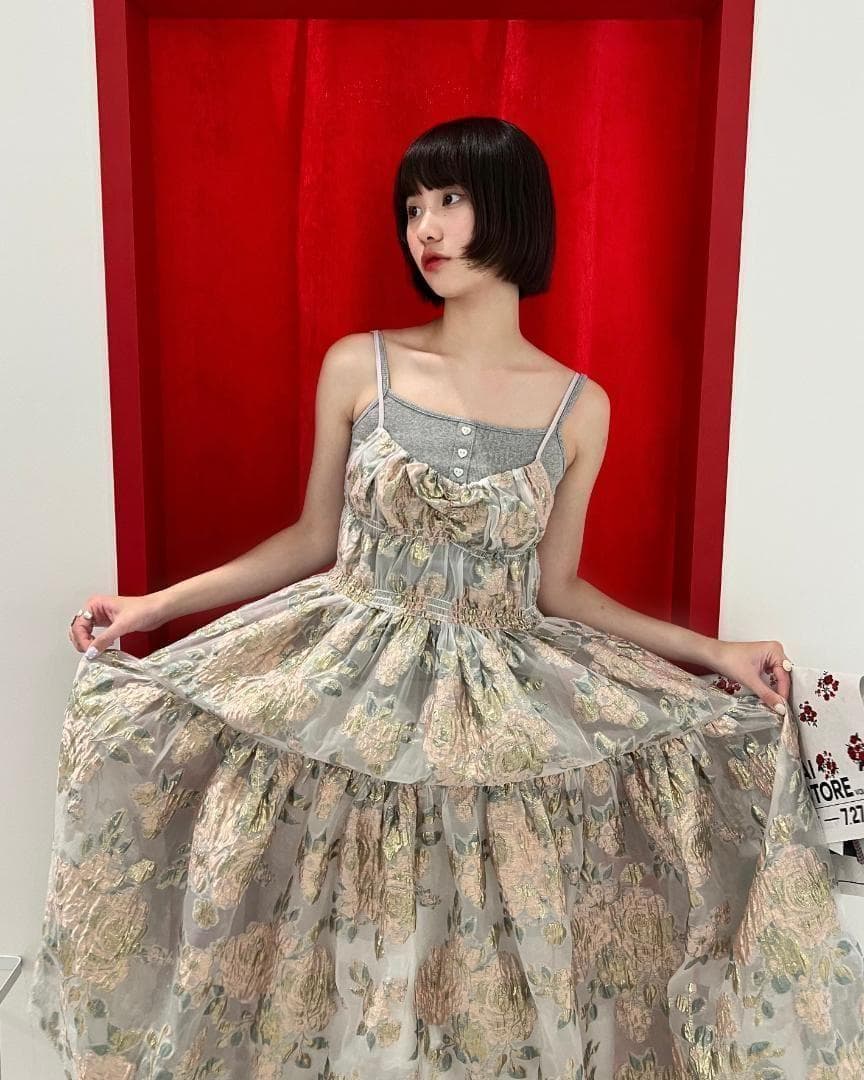 2 即納 POPPY Pink gold jacquard cami dress