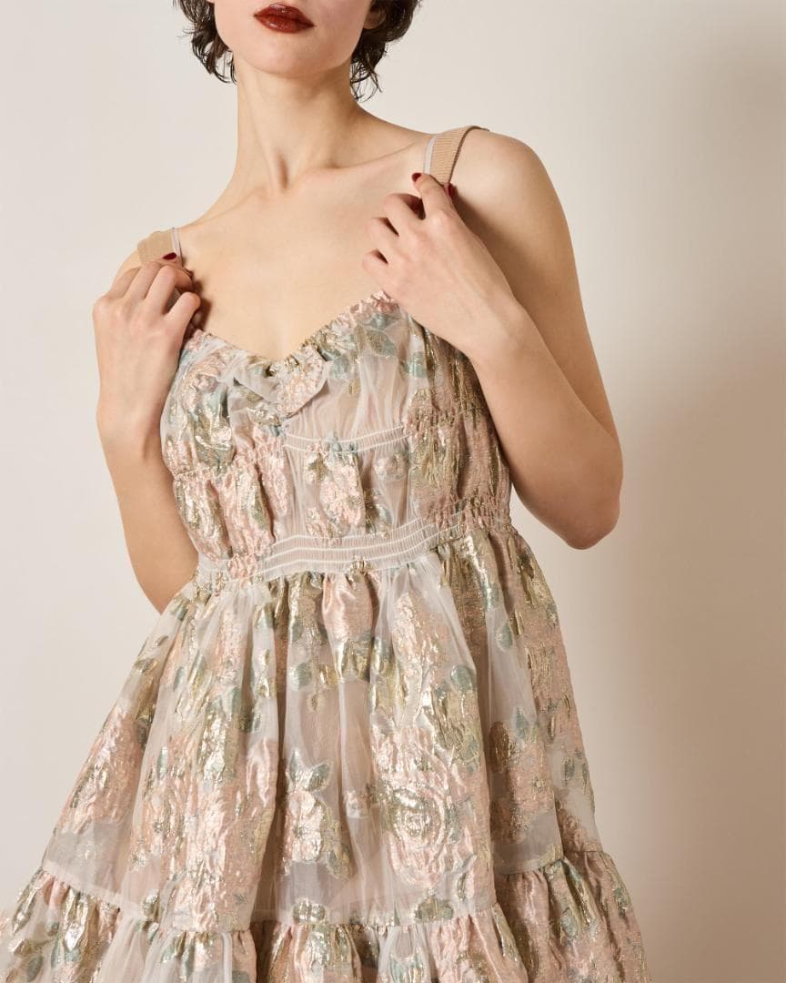2 即納 POPPY Pink gold jacquard cami dress
