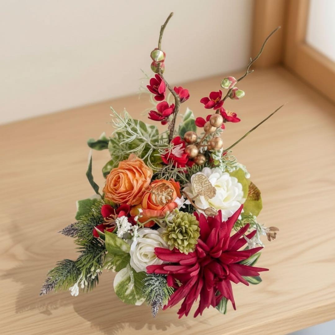 光触媒フラワー 迎春の華やぎ・正月アレンジメント 迎春飾り ゴールド器付き 造花
