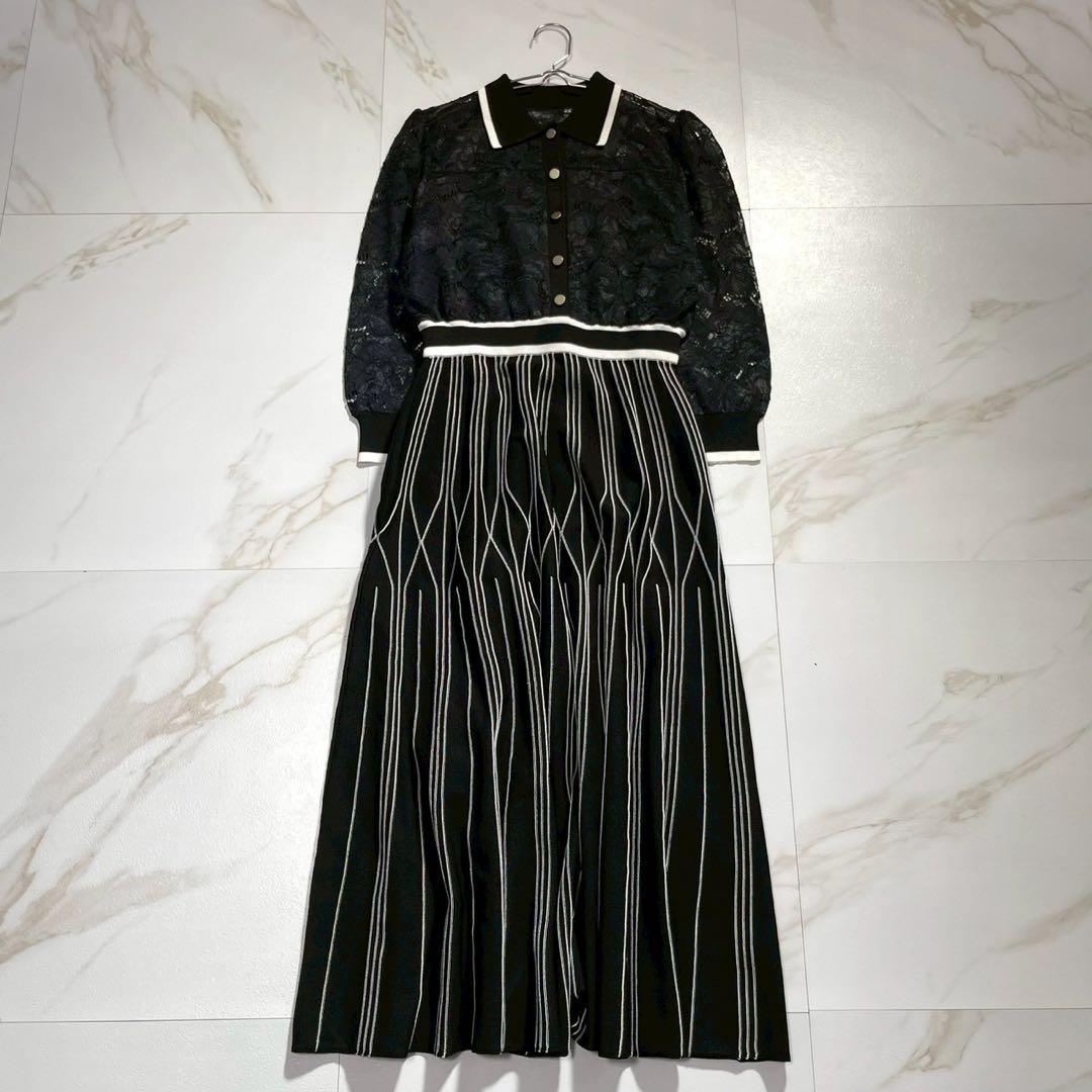 極美品✨ダイアグラム レース切替ニットワンピース プリーツ 襟付 近年 黒 36